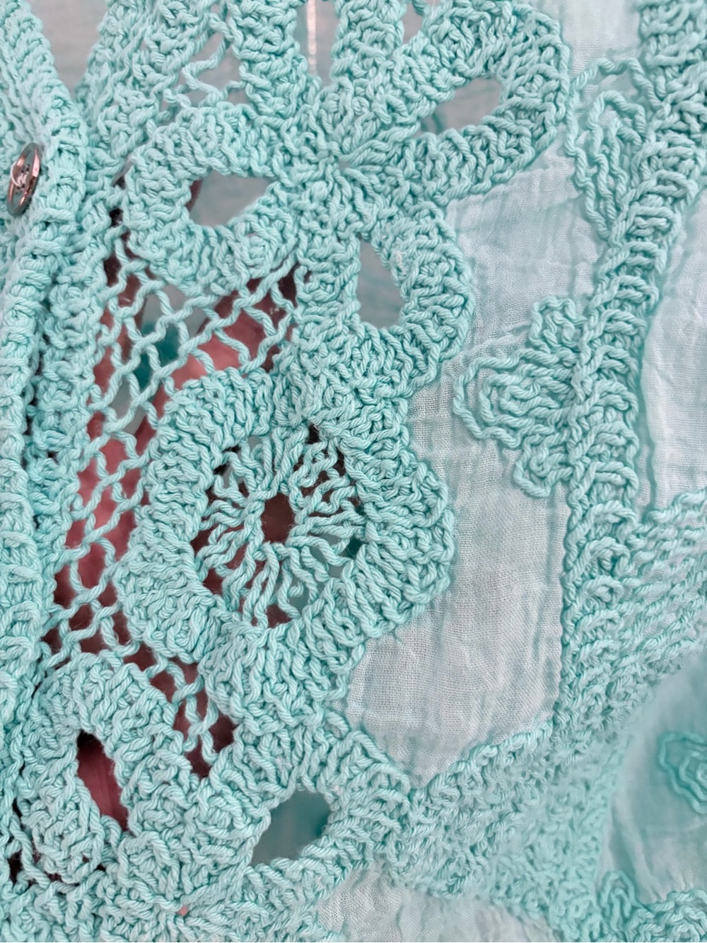 POL NWOT Turquoise Crochet Batwing Button Down Boho Top One Size - Picture 3 of 9